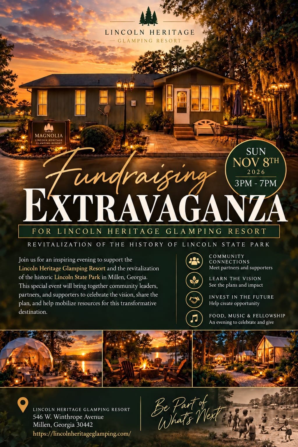 Fundraising Extravaganza flyer, Sunday November 8, 2026, 3 PM to 7 PM at Lincoln Heritage Glamping Resort