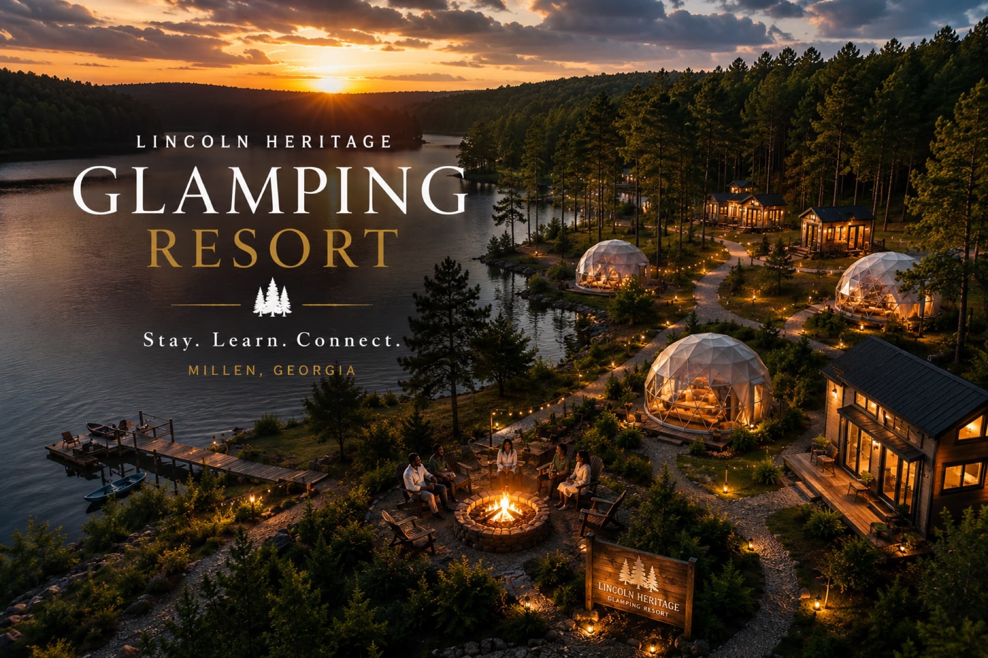 Lit domes and a fire circle above the lake at sunset, with the resort name over the treeline
