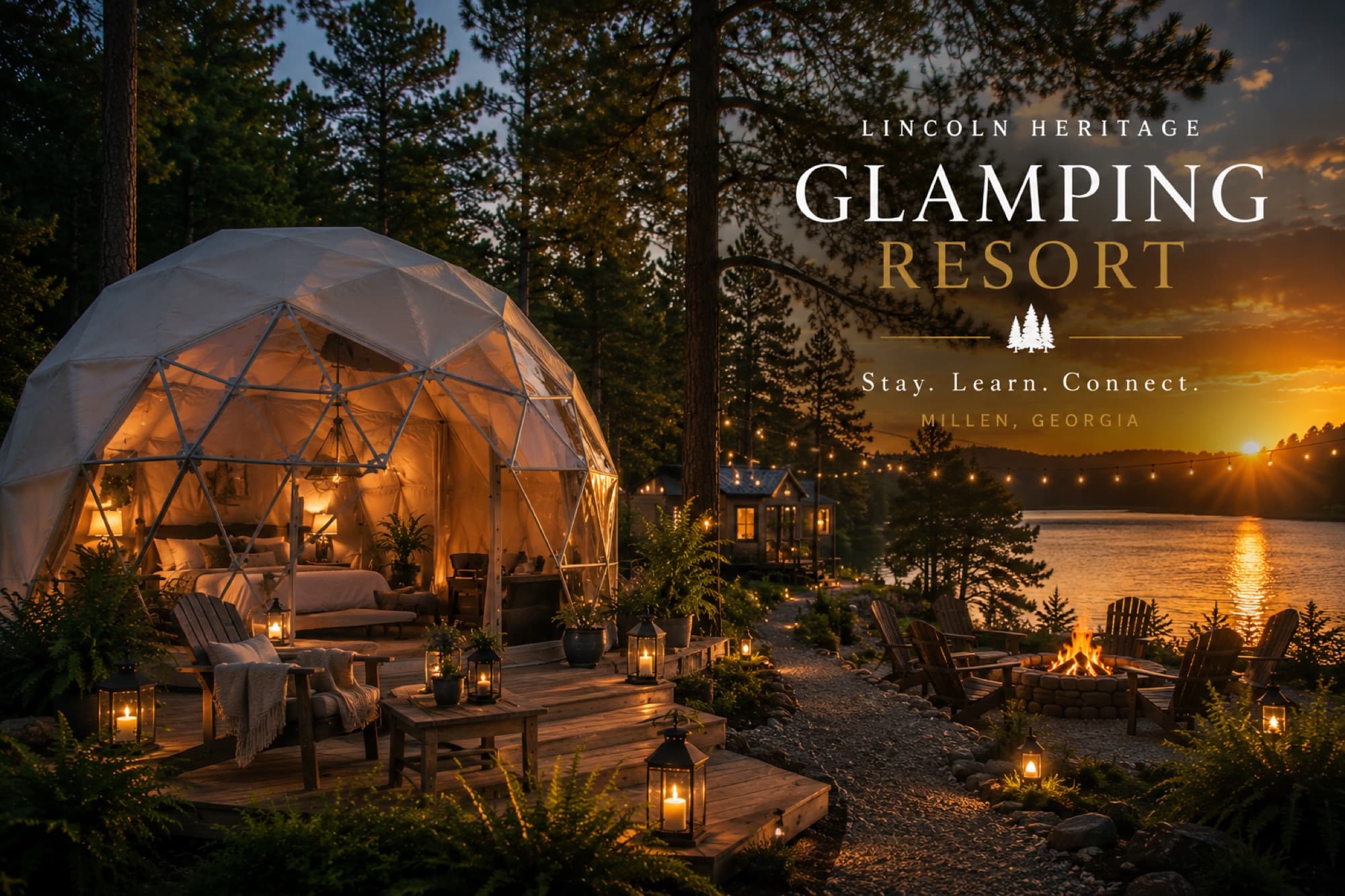 A lantern-lit dome and deck among the pines at dusk, the lake glowing beyond