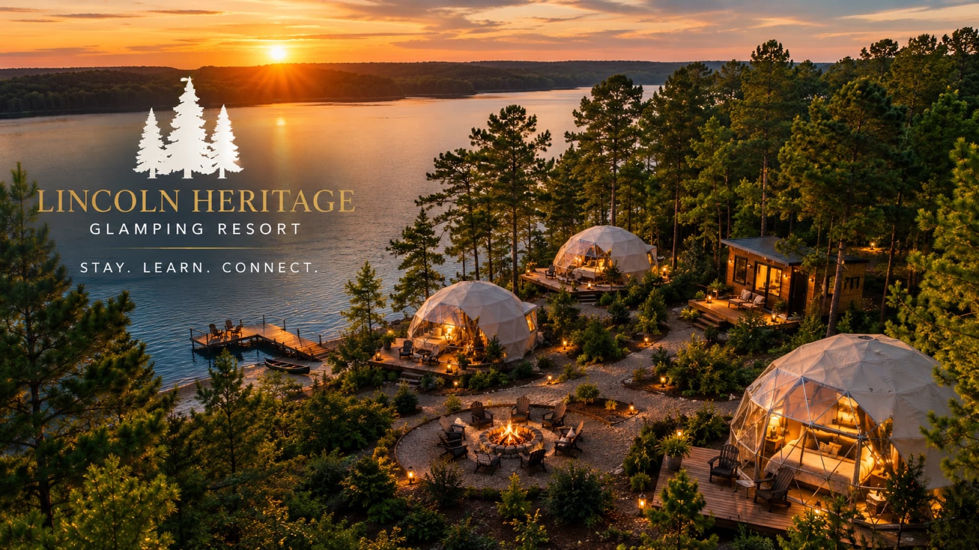 The grounds from above at sunset, domes and cabins set along the shoreline